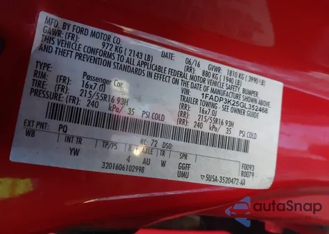 2016 Ford Focus Se from USA, damaged, VIN 1FADP3K25GL352468